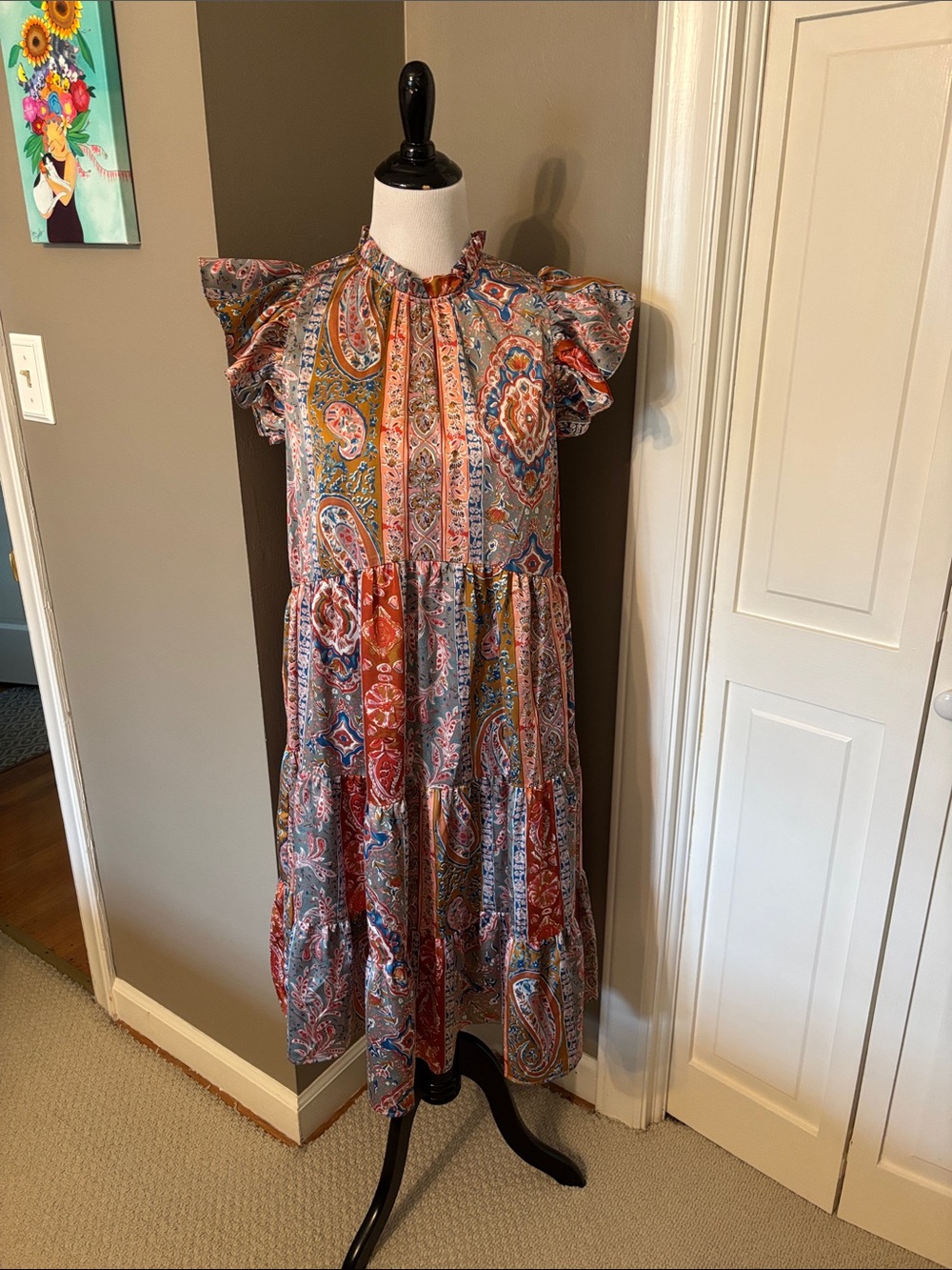 NWT Pinch Multi-Color Paisley Tiered Flutter-Sleeve Dress